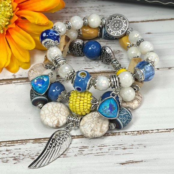 Bohemian Bracelet Stack Gemstone Crystal Handmade Blown Glass Bead Howlite New! - Picture 3 of 11